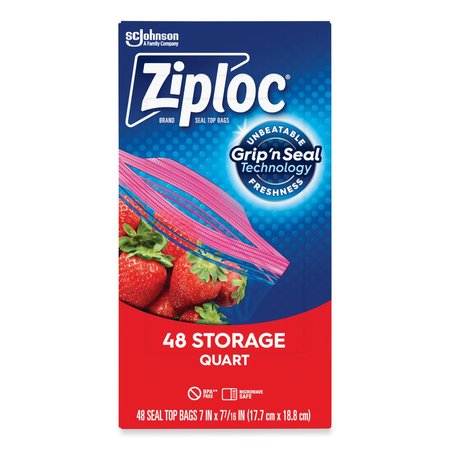 Ziploc Double Zipper Storage Bags, 1 qt, 1.75 mil, 9.63 x 8.5, Clear, PK48 314469BX